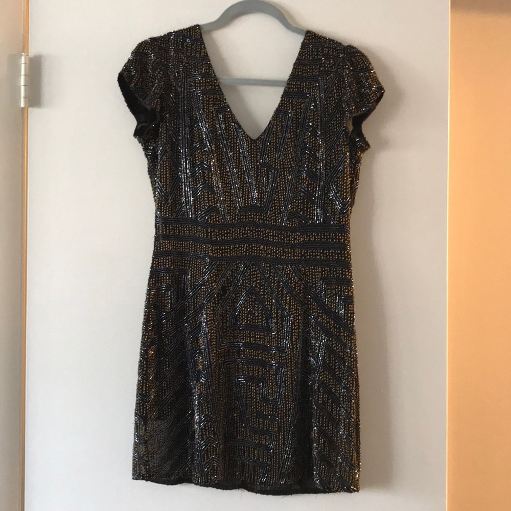 Parker Black + Gold Beaded Dress